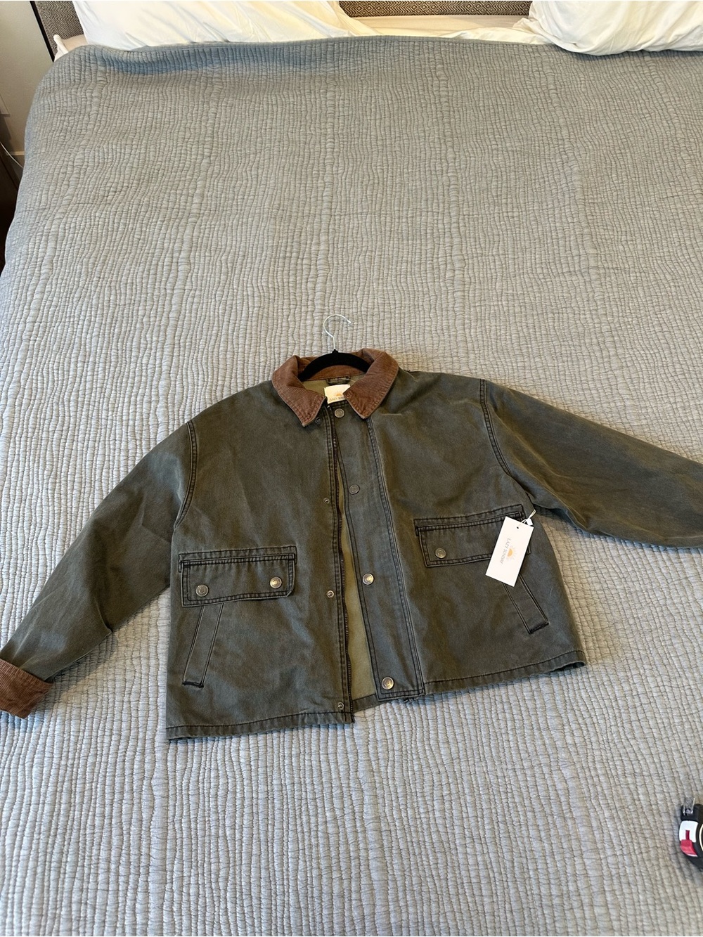 Waxed Cotton Jacket with Brown Corduroy Collar - Olive - Picture 5 of 9